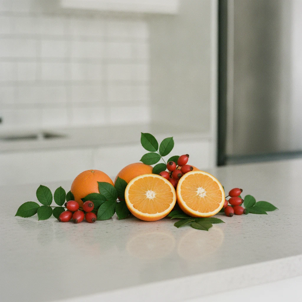 Apelsiner, citrusfrukter och nypon på ett ljust stenbord - naturliga C-vitaminkällor
