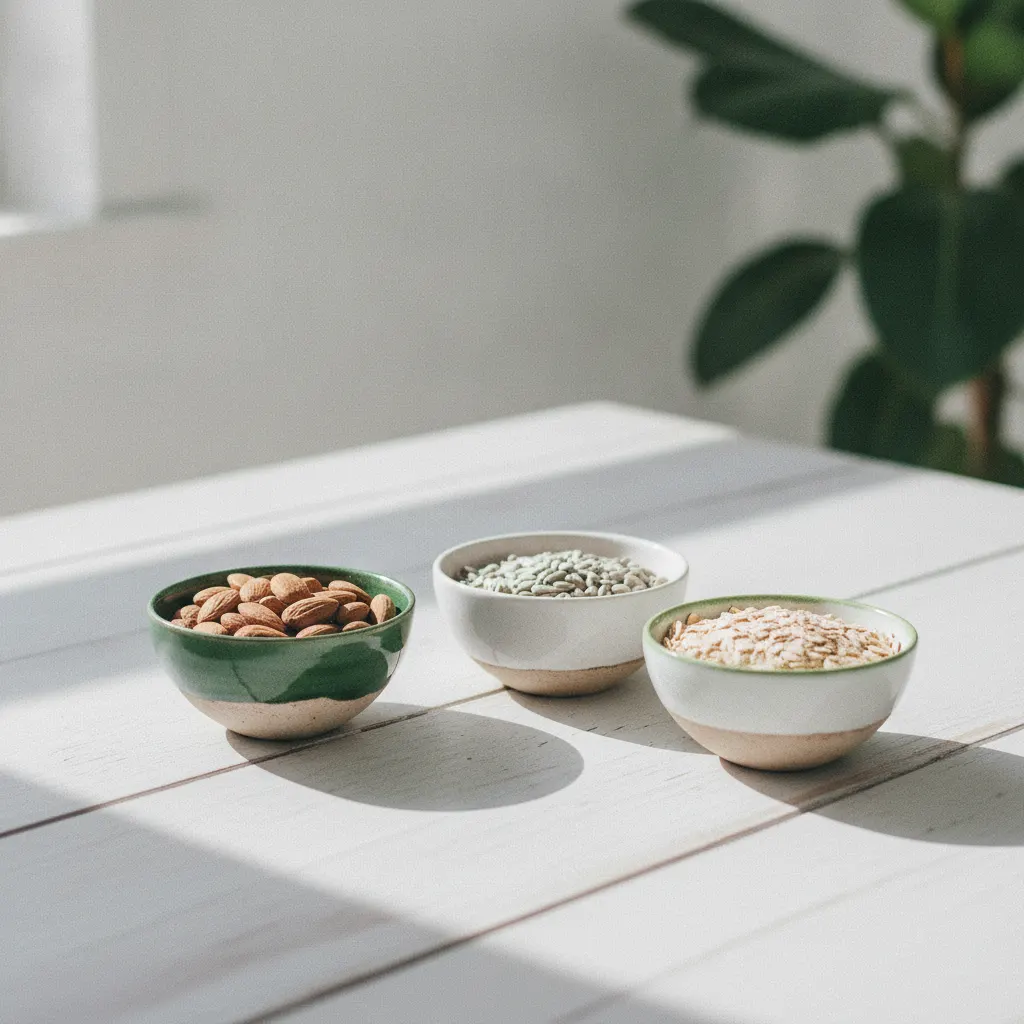 Mandlar, frön och fullkornsprodukter i keramiska skålar - B-vitaminkällor