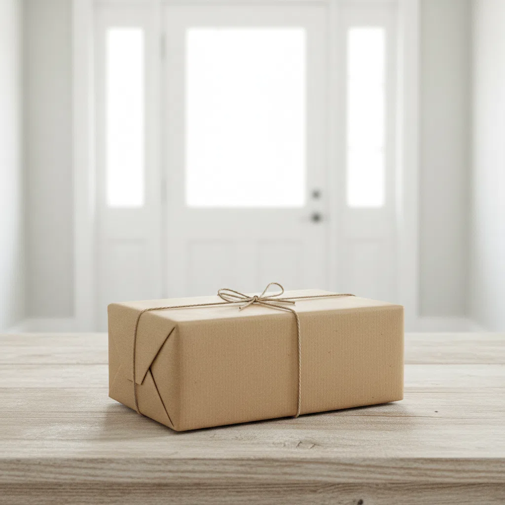 Snyggt inpackat paket i kraftpapper på ett bord nära en ljus ytterdörr utan text eller logotyper